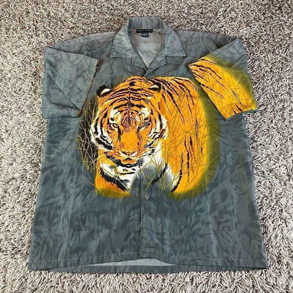 Vintage Tiger Shirt Mens Large L Gray Y2K Anime Skate Grunge 90s Polyester Logo - Picture 1 of 9